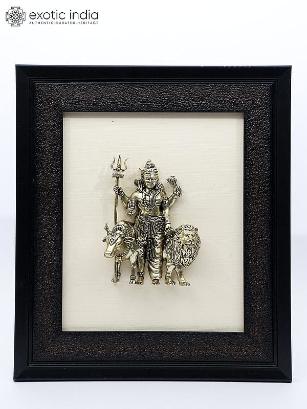 9" Superfine Ardhanarishvara with Nandi and Lion | Framed Brass Sculpture | Wall Hanging