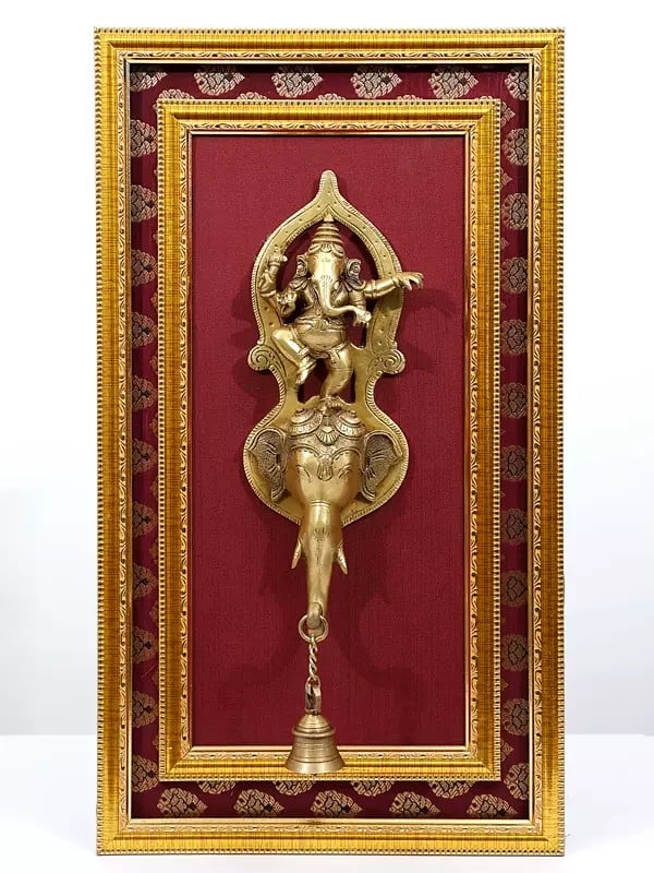 21" Ganesha Dancing on Elephant Bell | Wood Framed Brass Sculpture | Wall Hanging