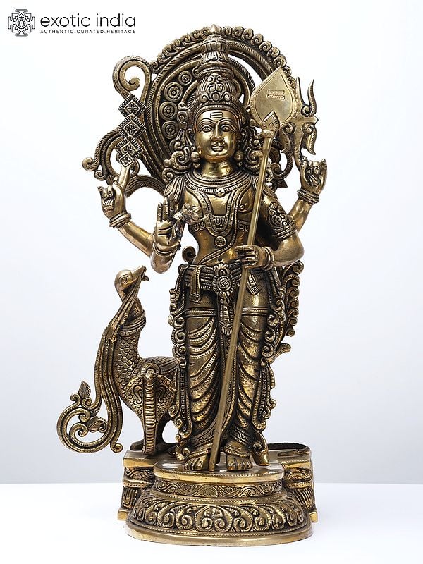 20" Fine Quality Four Armed Standing Lord Murugan with Peacock | Brass Statue