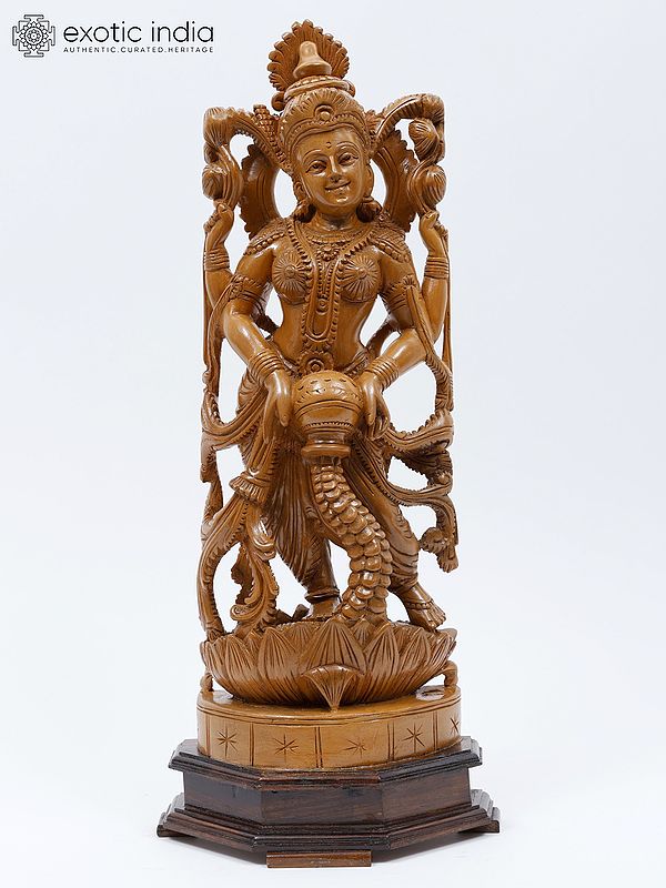 19" Goddess Lakshmi Showering Wealth | Wood Carved Statue