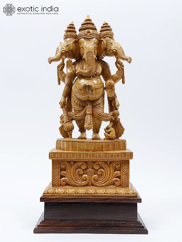 19" Standing Three Headed Lord Ganesha | Wood Carved Statue