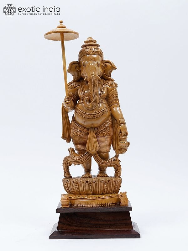 17" Umbrella Ganesha | Wood Carved Statue