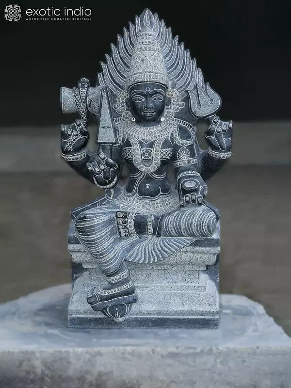 25" Four Armed Goddess Mariamman In Seated Posture | Black Granite Stone Statue