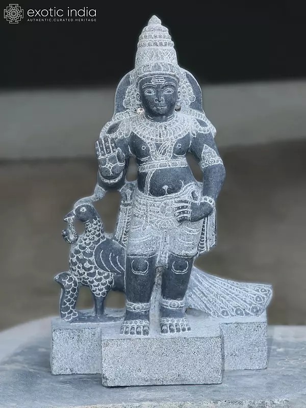 19" Lord Kartikeya In Blessing Posture With Peacock Vahana | Black Granite Stone Idol