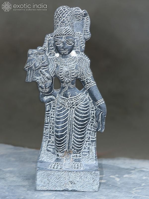 12" Standing Statue of Goddess Andal in Black Granite Stone