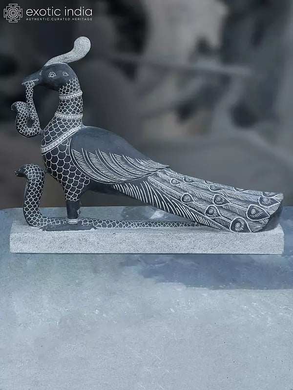 27" Attractive Peacock With Holding Snake | Black Granite Stone Sculpture