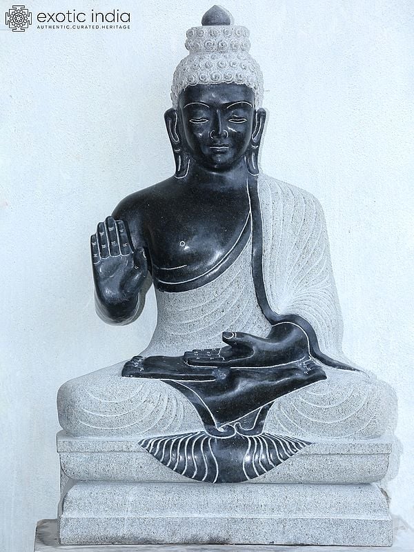 31" Large Meditative Lord Buddha Seated In Abhaya Mudra | Black Granite Stone Idol