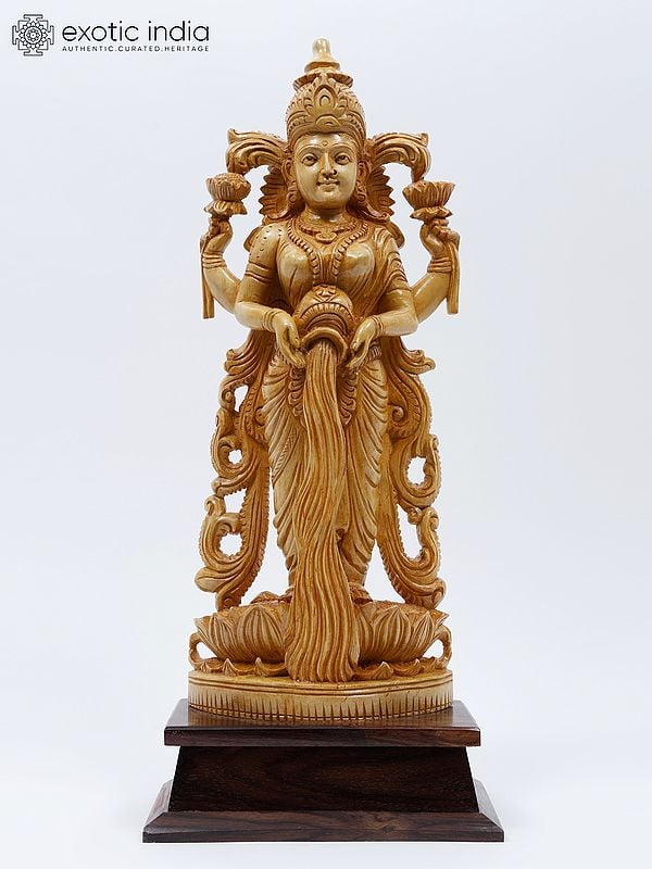 21" Standing Goddess Lakshmi Showering Wealth | Wood Carved Statue