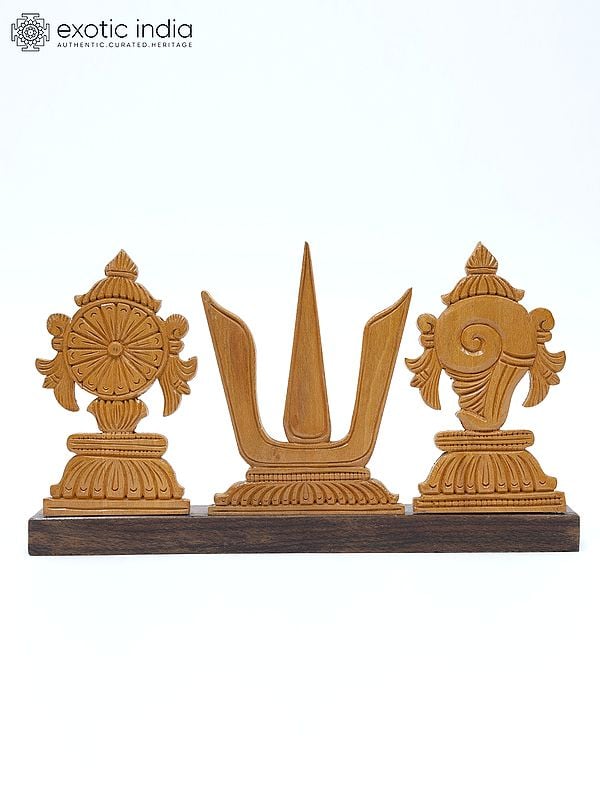 10" Vaishnava Symbols - Chakra, Tilak and Shankh | Wood Carved Statue