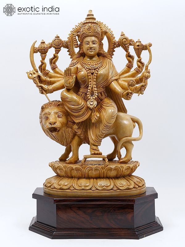 24" Dashabhuja Goddess Durga Wood Carved Statue | Sacred Home Idol