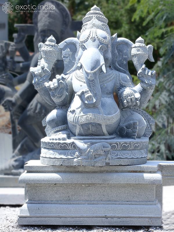 45" Large Idol Of Chaturbhuja Lord Ganesha With Holding Laddu | Black Granite Stone Statue