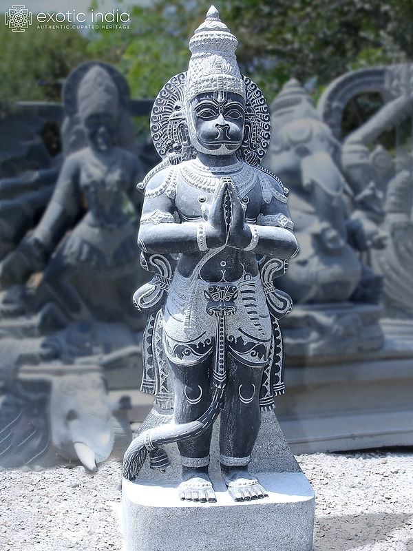 55" Large Statue of Standing Lord Hanuman | Black Granite Stone Sculpture