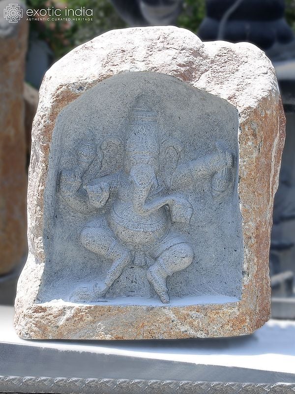 45" Large Embossing Stone Statue of Lord Ganesha in Dancing Gesture | Black Granite Sculpture