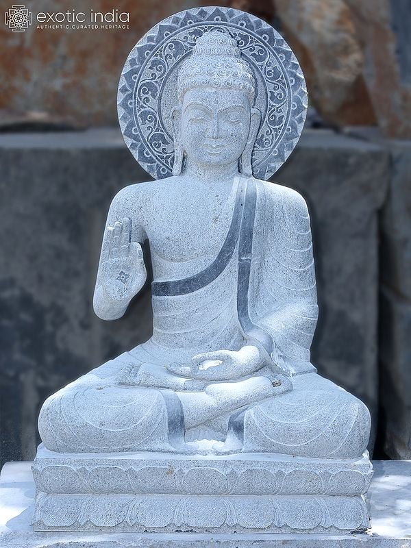 42" Large Idol of Meditative Lord Buddha Seated in Abhaya Mudra | Black Granite Stone Statue