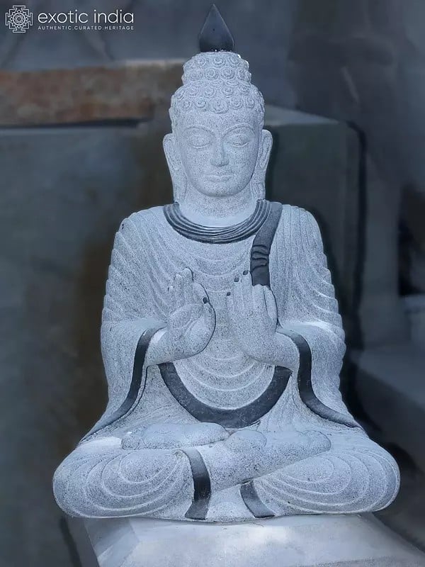 43" Large Statue Of Lord Buddha Seated In Dharmachakra Mudra | Black Granite Stone