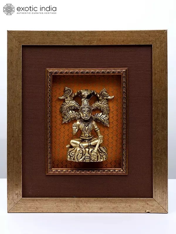 15" Blessing Lord Hanuman | Wood Framed Brass Sculpture | Wall Hanging