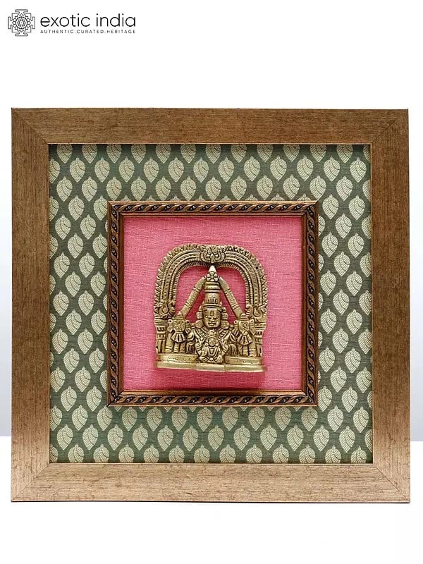 13" Lord Tirupati Balaji (Venkateshvara) Bust with Devi Lakshmi | Wood Framed Brass Sculpture