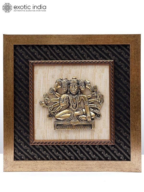 16" Ten Armed Panchamukhi Lord Hanuman | Wood Framed Brass Sculpture | Wall Hanging