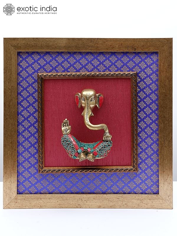 15" Stylized Lord Ganesha | Wood Framed Brass Sculpture | Wall Hanging