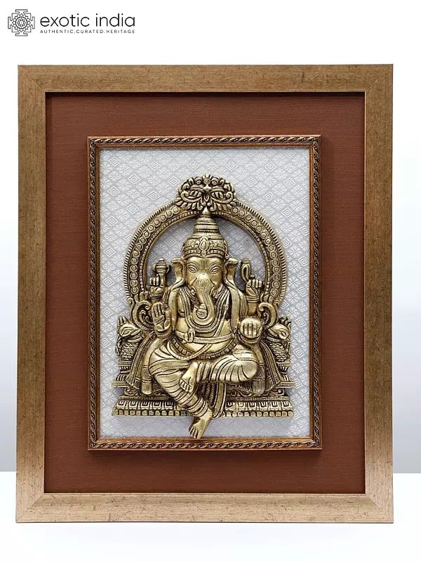 20" Blessing Lord Ganesha Seated on Kirtimukha Throne | Wood Framed Brass Sculpture | Wall Hanging