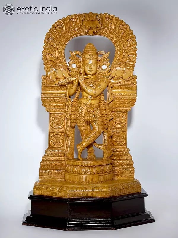 31" Large Fluting Lord Krishna Standing on Kirtimukha Throne | Wood Carved Statue