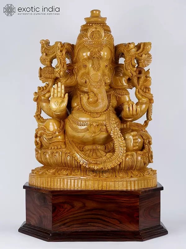 39" Large Chaturbhuja Blessing Lord Ganesha | Wood Carved Statue