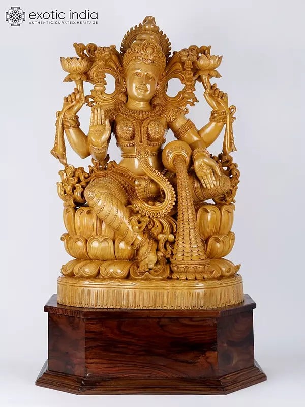 39" Large Four Armed Blessing Goddess Lakshmi | Wood Carved Statue