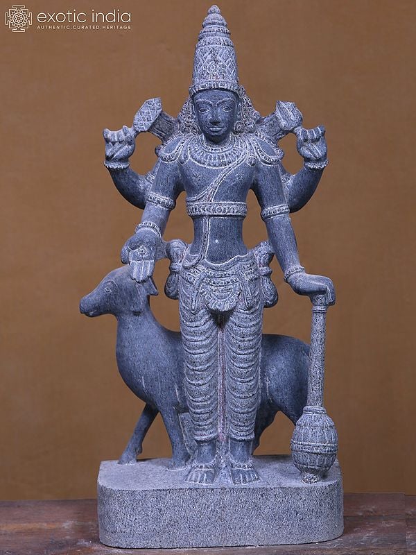 21" Four Armed Surya Graha With Mace - Planet | Black Granite Stone Statue