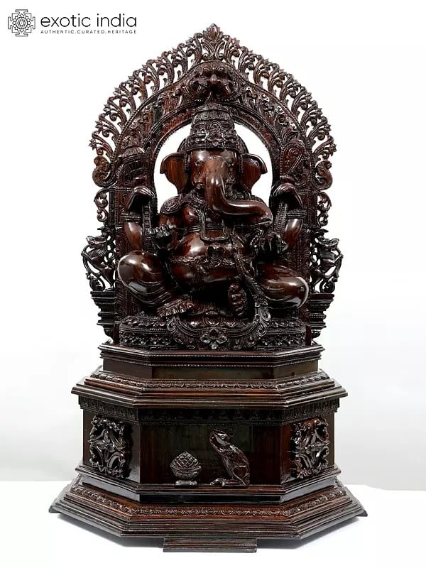 41" Large Chaturbhuja Lord Ganesha Seated on Kirtimukha Throne | Wood Carved Statue