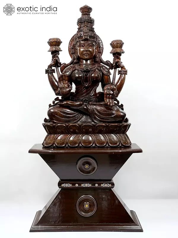 81" Large Size Blessing Goddess Lakshmi Wooden Statue Seated on Pedestal