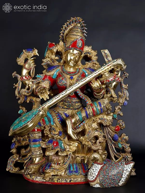 33" Large Superfine Devi Saraswati - Hindu Goddess of Knowledge, Art, Speech, Wisdom and Learning  | Brass Statue with Inlay Work