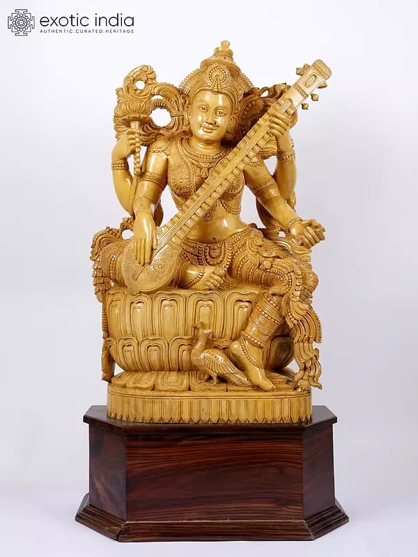 48" Large Four Armed Goddess Saraswati Seated on Lotus | Wood Carved Statue