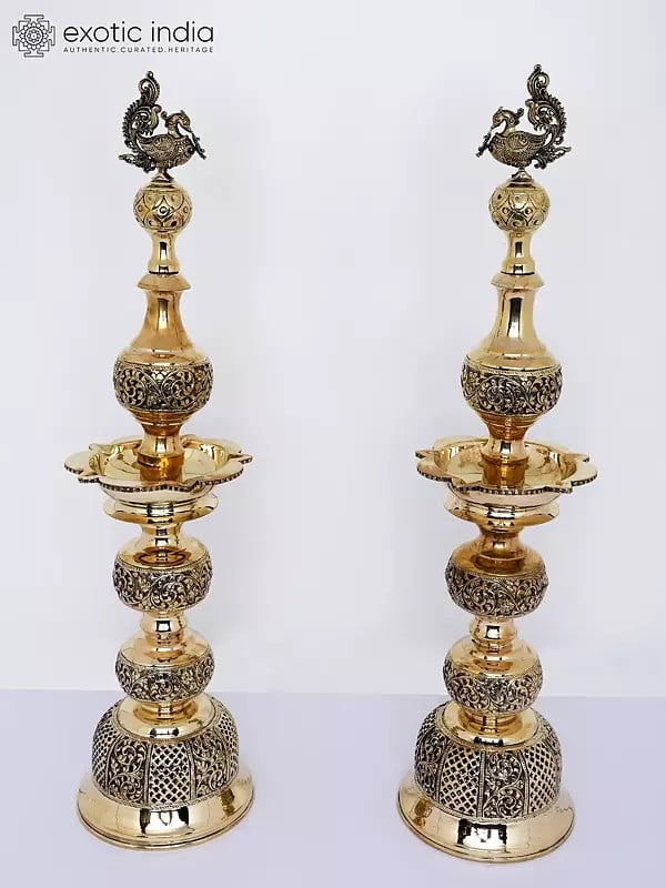 25" Pair of Superfine Peacock Lamps in Brass