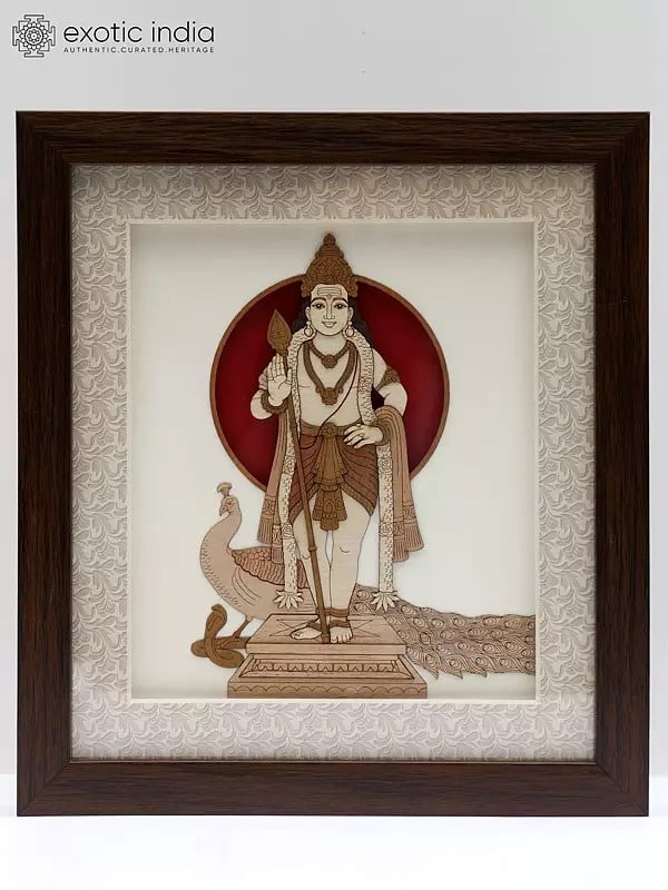 Lord Murugan (Karttikeya) with Peacock | Wood Carved Frame | Wall Hanging