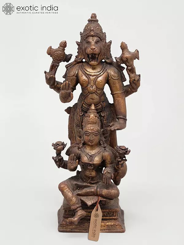 6" Small Standing Lord Narasimha with Goddess Lakshmi | Copper Statue