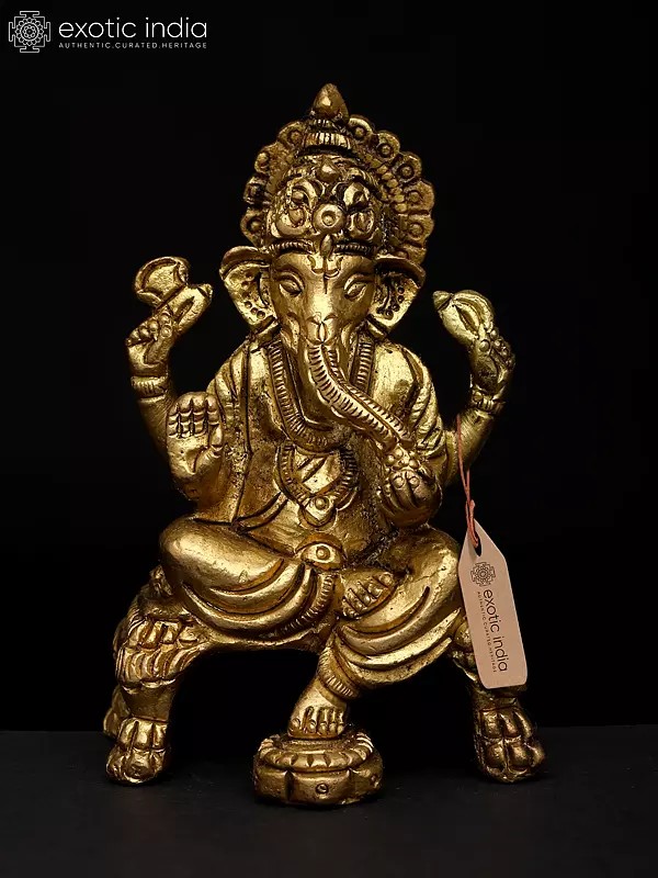 4" Small Chaturbhuja Lord Ganesha Seated on Chowki | Brass Statue