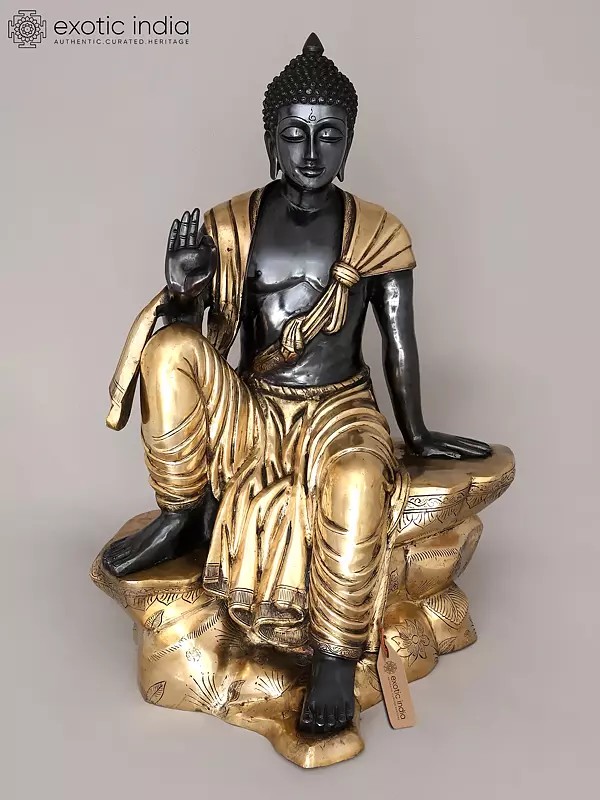 30" Large Black and Gold Buddha Seated in Vitark Mudra | Brass Statue
