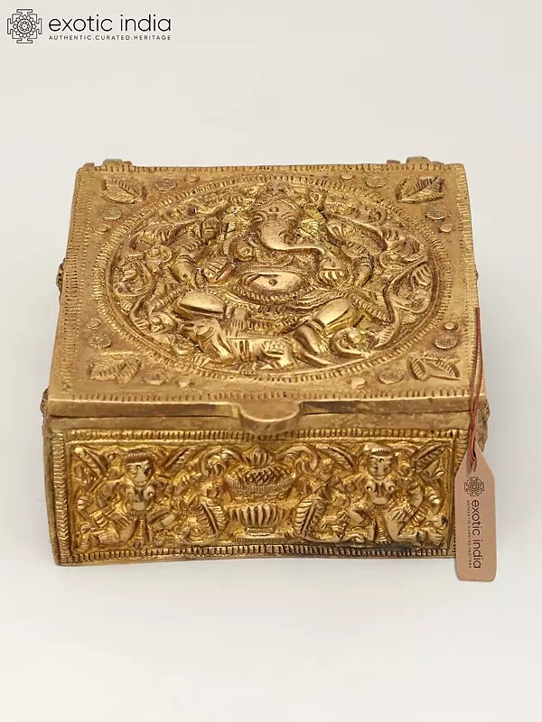 4" Small Brass Storage Box with Ganesha Carving on Top | Brass Ritual Item