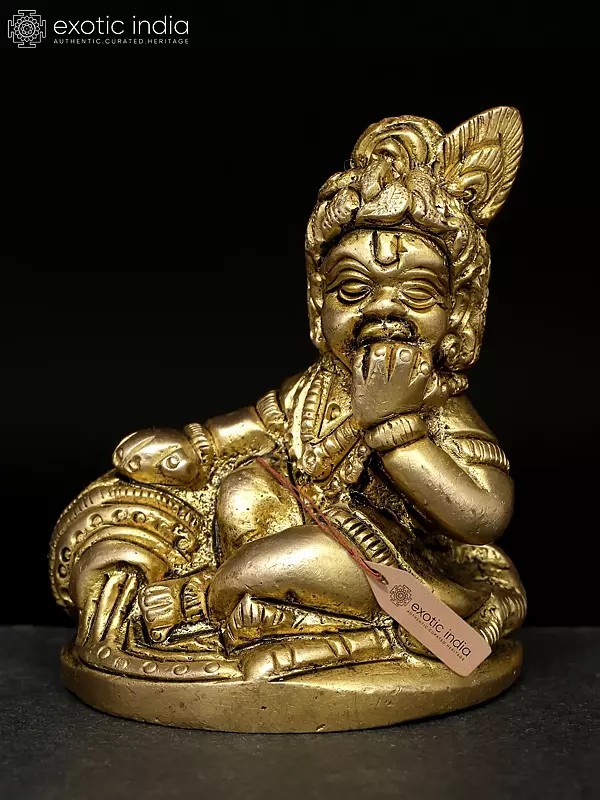 2" Small Sculpture of Little Krishna Eating Butter | Brass Figurine
