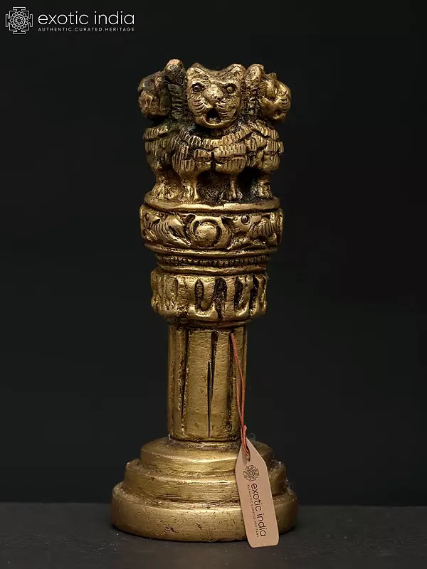 3" Small Statue of Decorative Ashoka Stambha (National Emblem of India) | Brass Sculpture