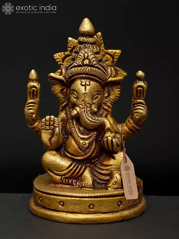 3" Chaturbhuja Lord Ganesha in Seated Posture | Brass Small Statue For Gifting