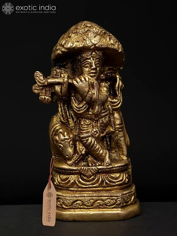 3" Small Brass Statue of Lord Krishna with Flute and Cow | Made In India