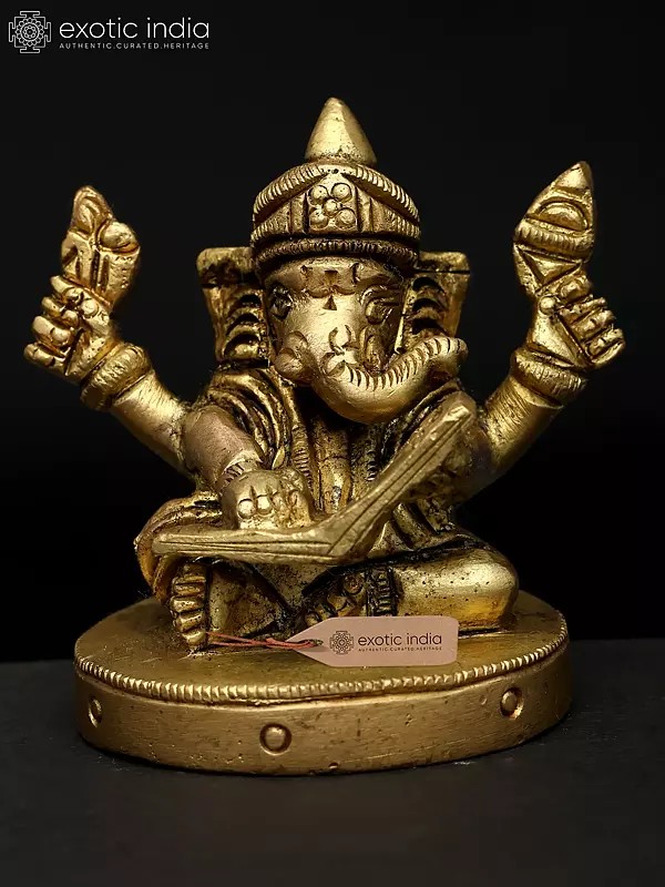 2" Small Four Handed Lord Ganesha Writing The Mahabharata | Brass Statue