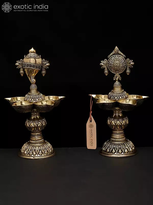 8" Pair of Superfine Multi Wicks Conch and Chakra Lamps for Puja | Handmade | Made In India