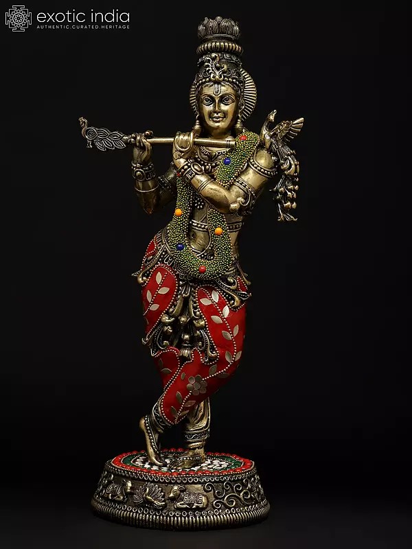14" Superfine Tribhanga Murari Krishna Playing Flute | Brass Statue with Inlay Work