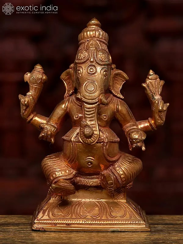 5" Small Sitting Four Armed Lord Ganesha | Bronze Statue