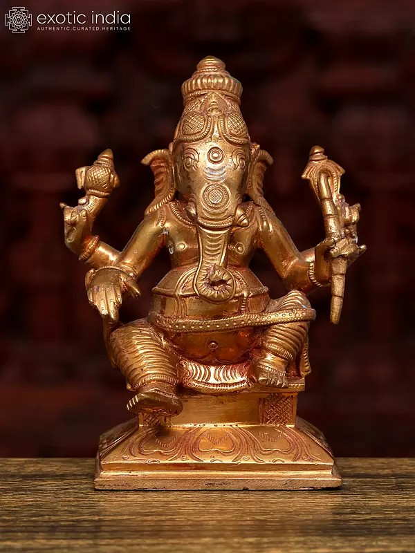 5" Small Sitting Chaturbhuja Lord Ganesha | Bronze Statue