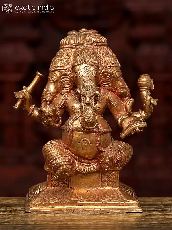 5" Small Four Headed Sitting Lord Ganesha | Bronze Statue