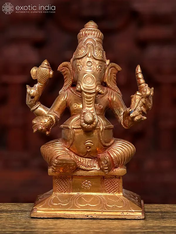 5" Small Sitting Chaturbhuja Lord Ganesha | Bronze Statue