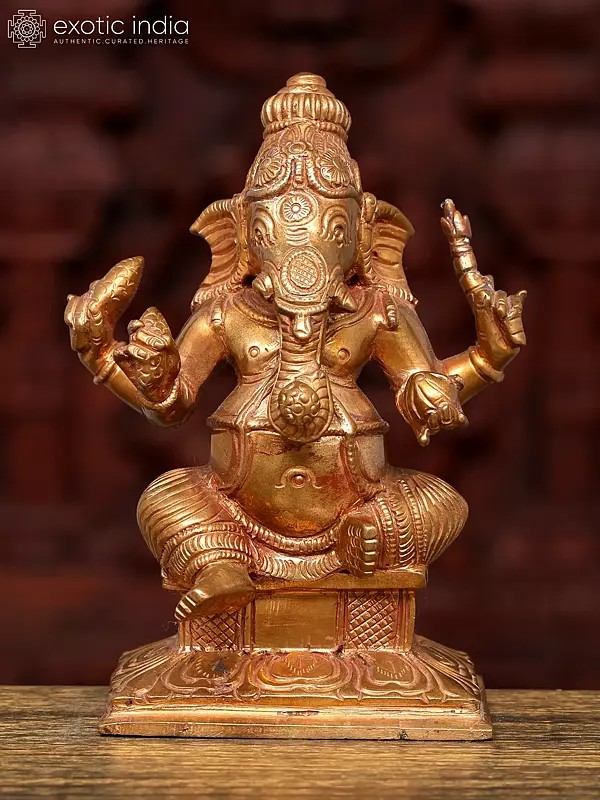5" Small Four Armed Sitting Lord Ganesha | Bronze Statue